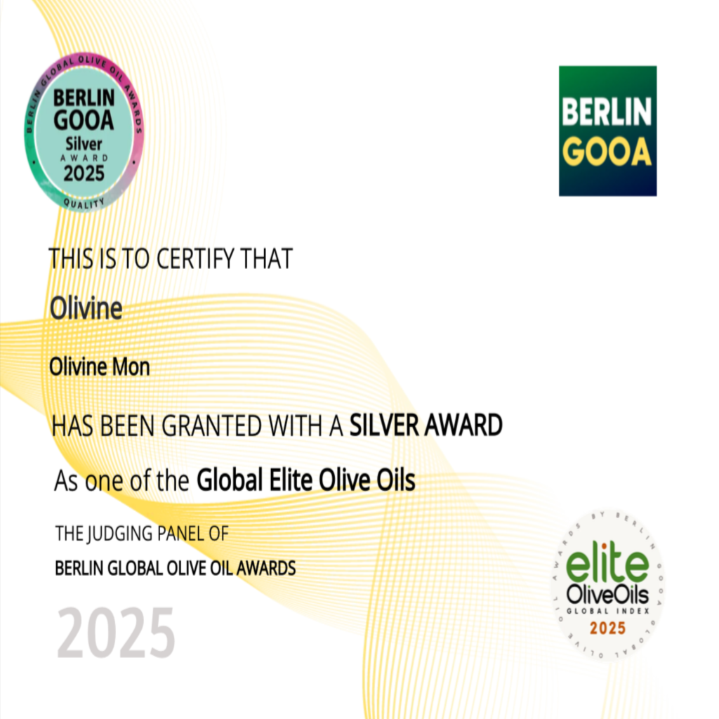 Certificate for Olivine Mon's silver award at the Berlin GOOA 2025 for Global Elite Olive Oils.