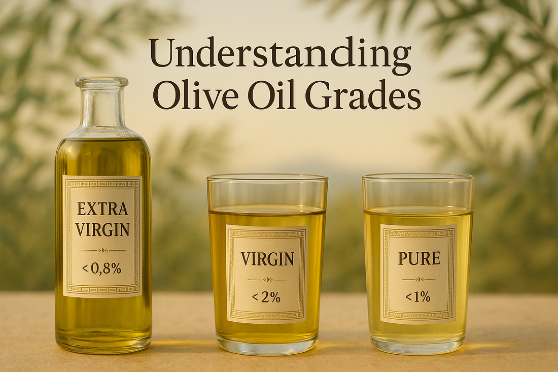 3 bottles with different quality olive oil, trees and sky background