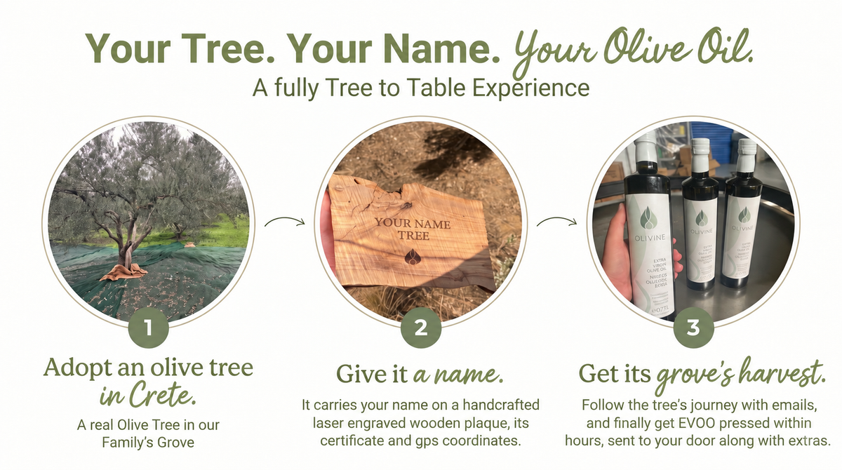 A three step info-graphic about how Adopy An olive tree works by olivine 