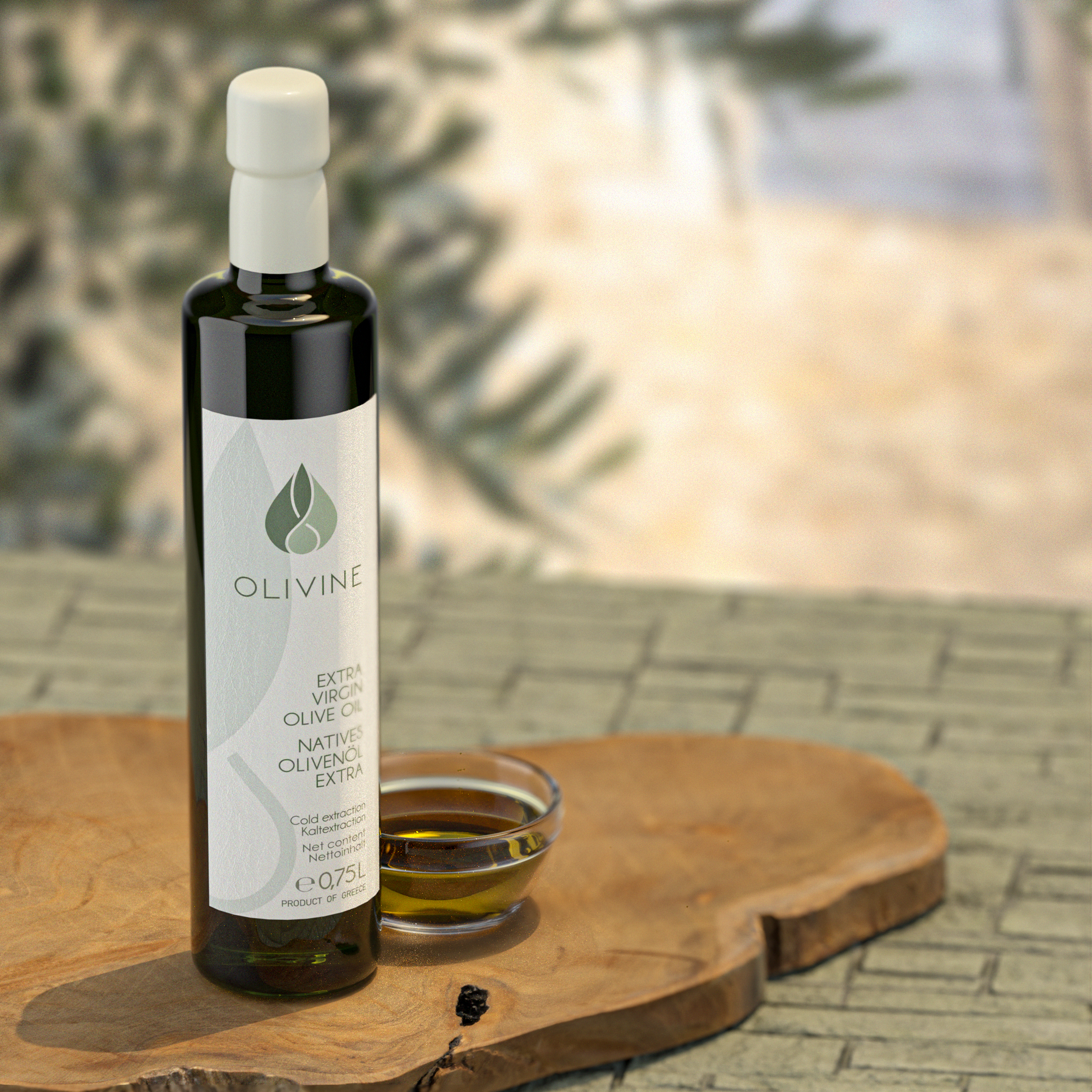 extra virgin olive oil green glass bottle 750ml  white labels on wooden surface